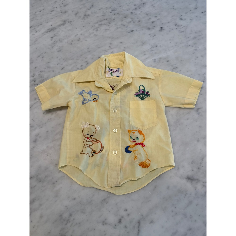 Vintage Crestline Kids Yellow Embroidered Button Down Shirt Animals Size 3 Korea